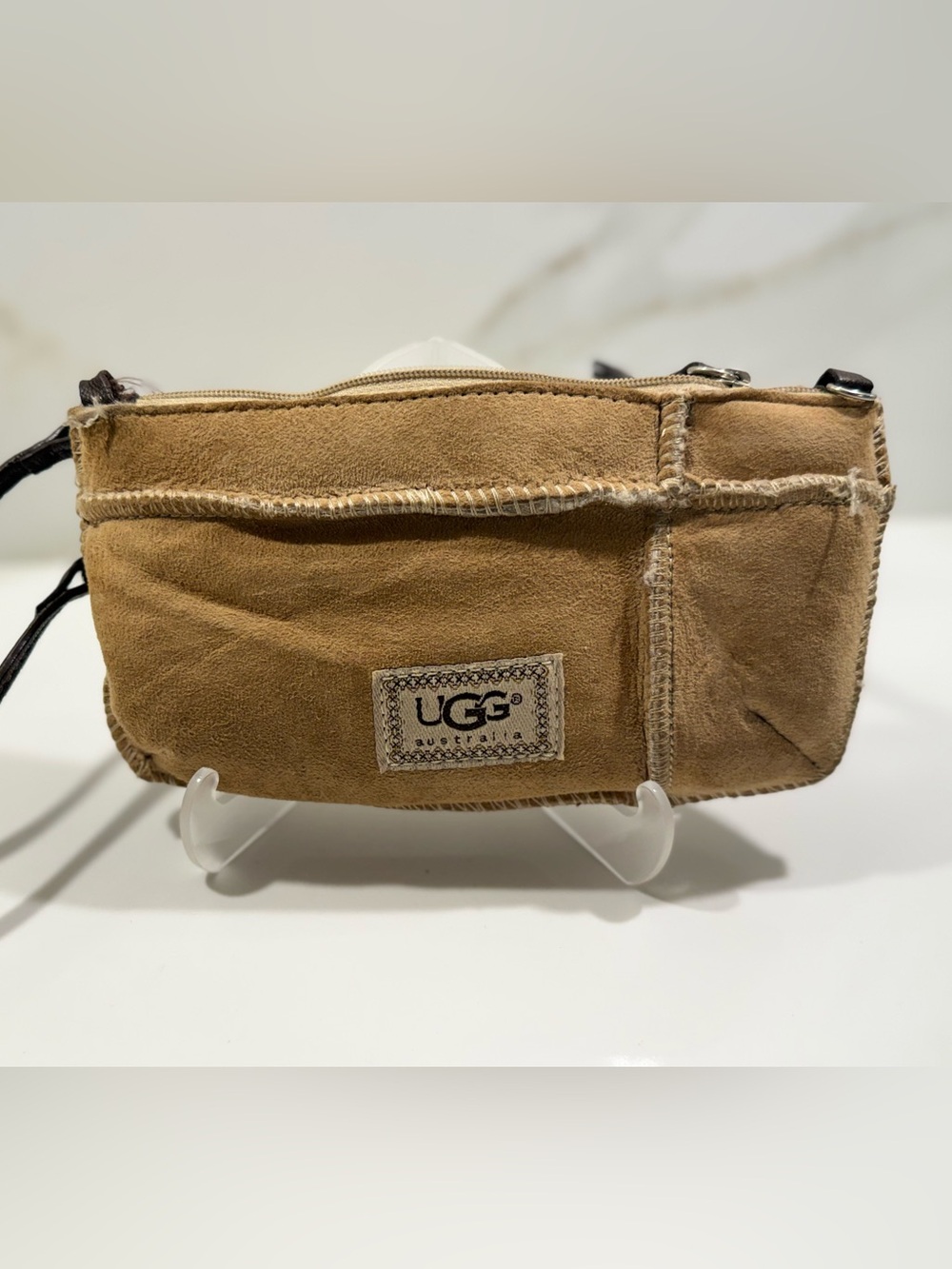 UGG Tan Suede Wristlet Clutch with Top Zip